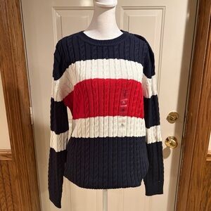 Tommy Hilfiger Navy Red White Cable Knit Sweater Colorblock Crewneck XL NWT
